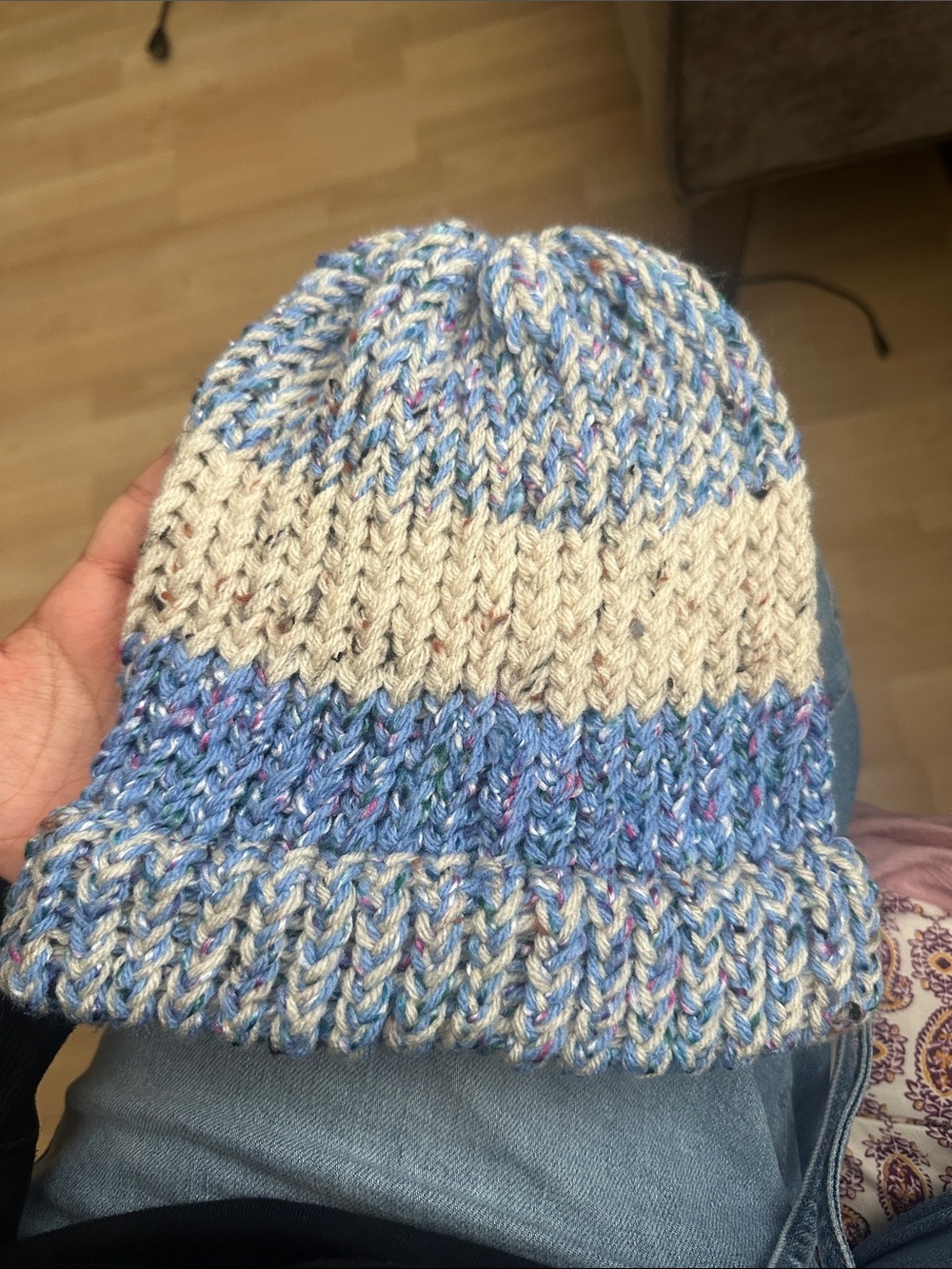 Handknit Blue and Cream Ribbed Beanie
